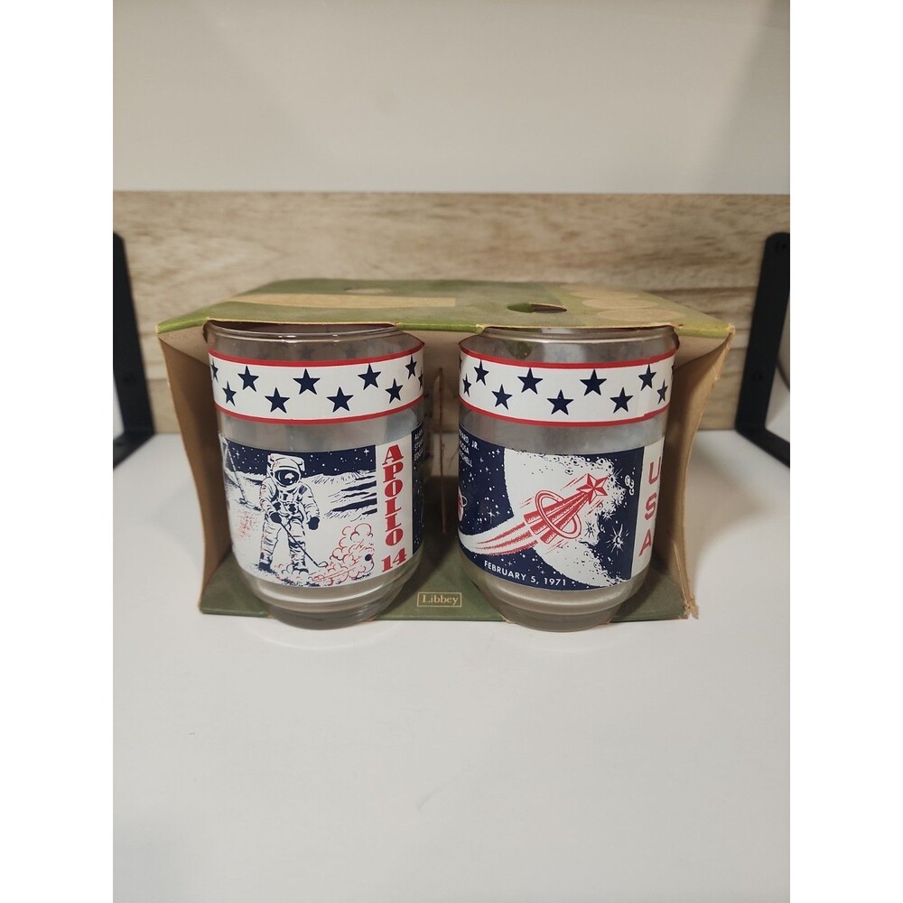 Vintage LIBBEY Apollo 14 Cocktail Drinking Glasses Original Box USA Moon Rocket